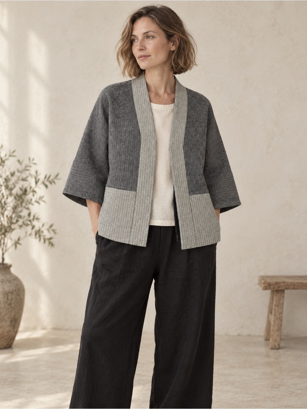 TOAST Lagenlook Size 8 Blue Gray Woven Colorblock Kimono Jacket Wool Blend